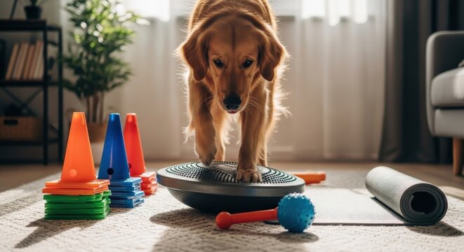 Golden retriever dog balancing with front paws on a blue balance dome surrounded by colorful agility training cones in a bright living room, active canine fitness and obedience training concept