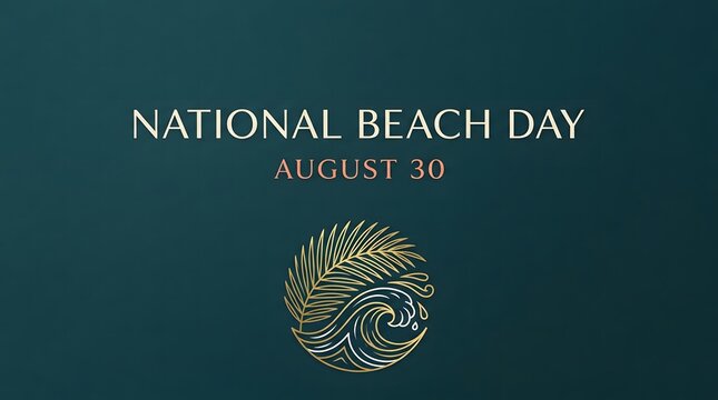 National beach day celebration graphic with elegant typography and a circular tropical palm leaf illustration