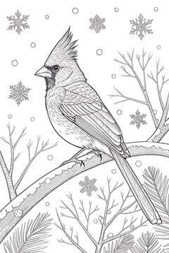 Cardinal bird perched on a branch with snowflakes in background