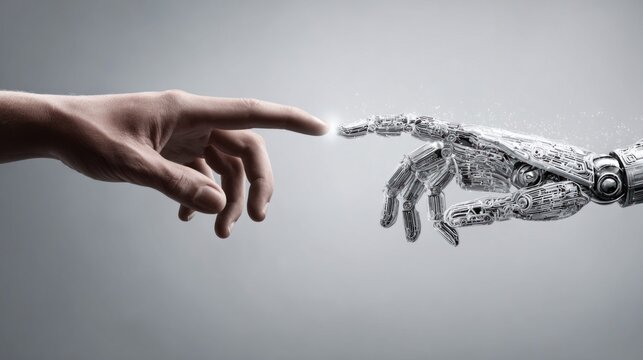 Human finger touching robotic hand, symbolizing the creation of artificial intelligence