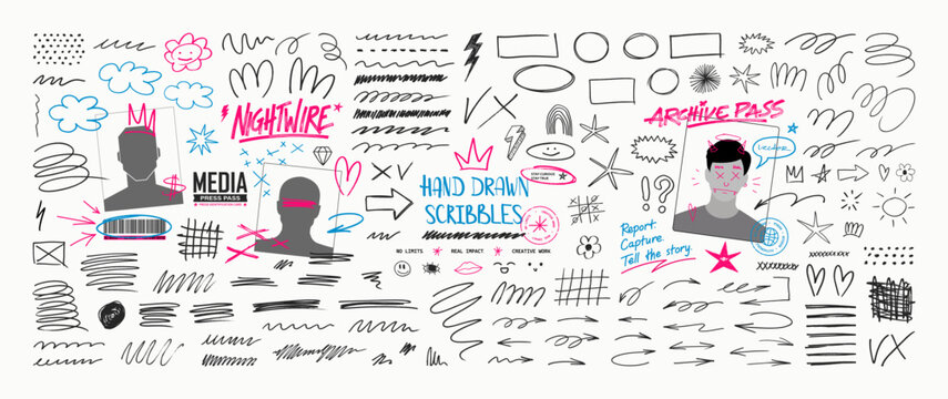 Children's doodles and scribble in hand drawn style. School board, children's elements - highlighters, circles, frames, underlines, stars, doodles, icons notes and other. Vector scribbles collection