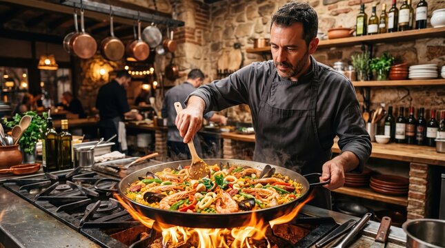 Male chef stirring large seafood paella in oversized pan over open flame in rustic stone kitchen, focused professional cook preparing vibrant rice dish for dining service