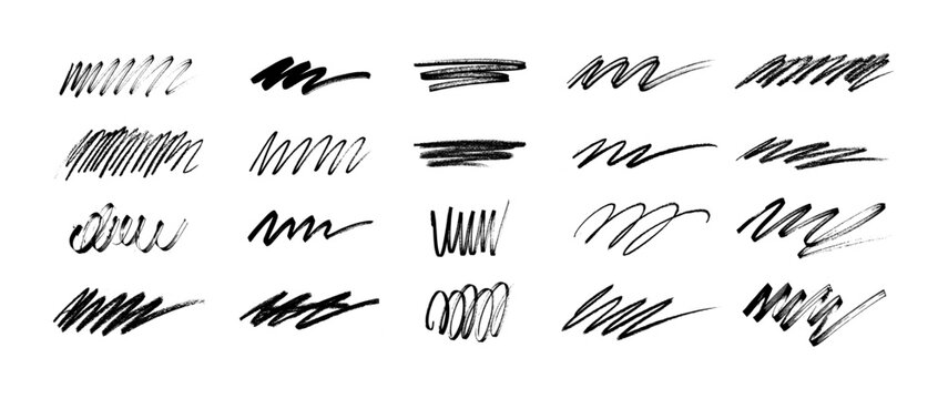 Black Hand-Drawn Scribble and Brush Stroke Set. Bold doodle squiggly lines for underlining and highlight. Hand-drawn marker and pencil scratches, for annotation, highlighting. Vector graphic set