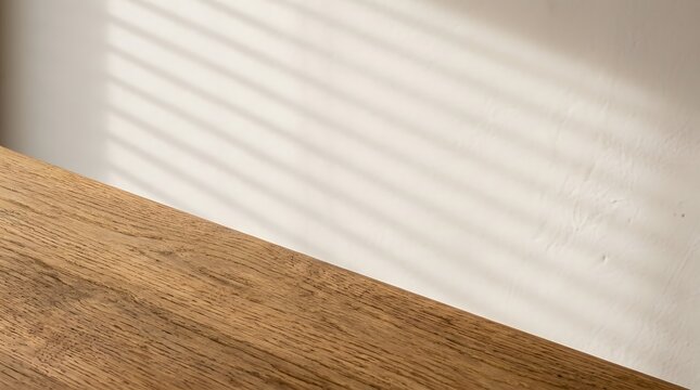 Abstract background with soft sunlight shadows cast on a white wall above a wooden surface