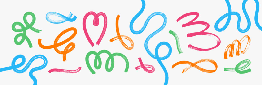 Colorful brush squiggles and doodles swirls. Abstract vibrant brushstroke loops, curls, spirals, and scribbles. Playful hand drawn lines, ribbons with loops, curls, wavy style. Vector graphic bundle