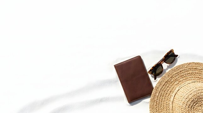 Travel essentials including a brown leather passport holder sunglasses and a straw hat on white background
