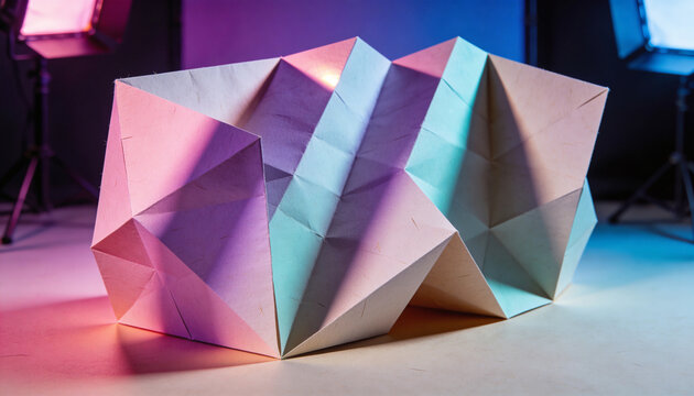 Paper sculpture under vibrant gradient lighting against dark studio backdrop. Sharp edges