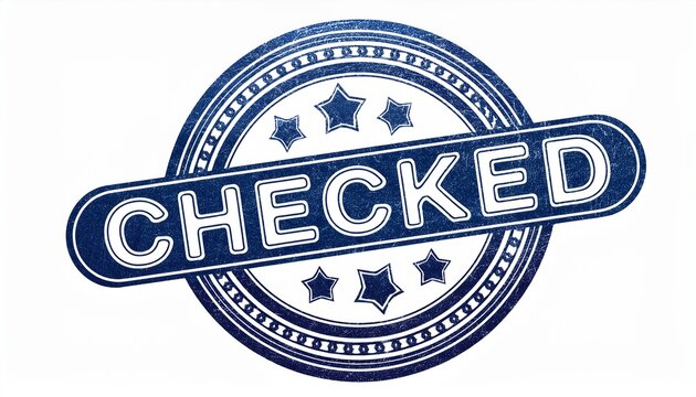 blue rubber stamp with the word checked inside a round frame with stars isolated on white background