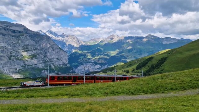 Swiss Cows with Cowbells and Red Mountain Train Switzerland Kleine Scheidegg Eiger Peak. Scenic Panorama Jungfrau Railway Snow Alps Landscape Travel Video 4K UHD with Natural Audio