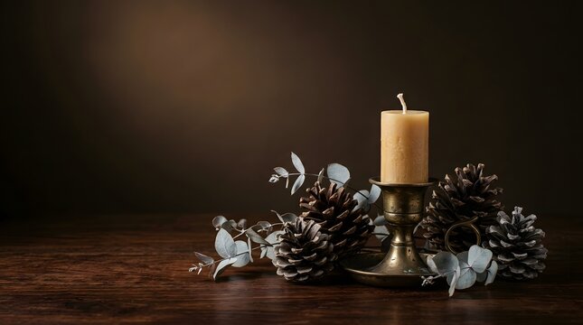 A rustic christmas centerpiece featuring a lit candle pinecones and vintage ornaments on a dark wooden table