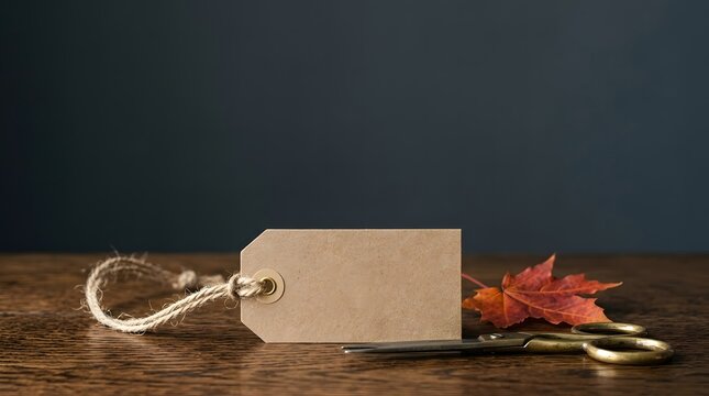 Blank paper gift tag with rustic twine and autumn leaves on a dark wooden table background