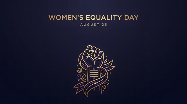 Womens equality day celebration banner with a golden raised fist symbol on a dark blue background