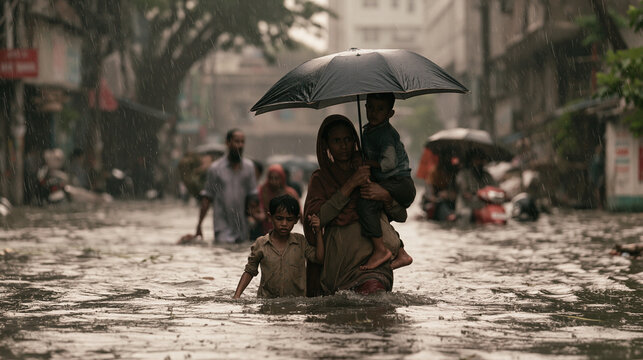 Woman with children holding an umbrella in a rainstorm flood on a city street during emergency response