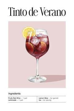 Illustrated tinto de verano cocktail recipe poster with a wine glass ice and citrus slices beside a handwritten ingredient list, vintage bar art concept design