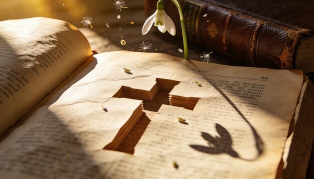Ancient leather Bible open with cross silhouette cut into parchment page.