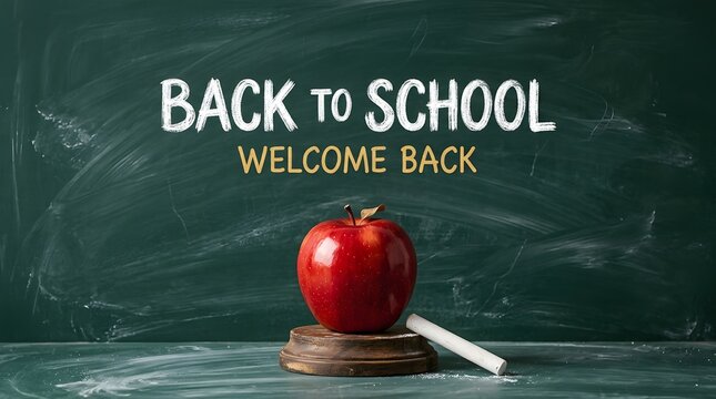 Back to school concept with a red apple and white chalk on a rustic green classroom chalkboard