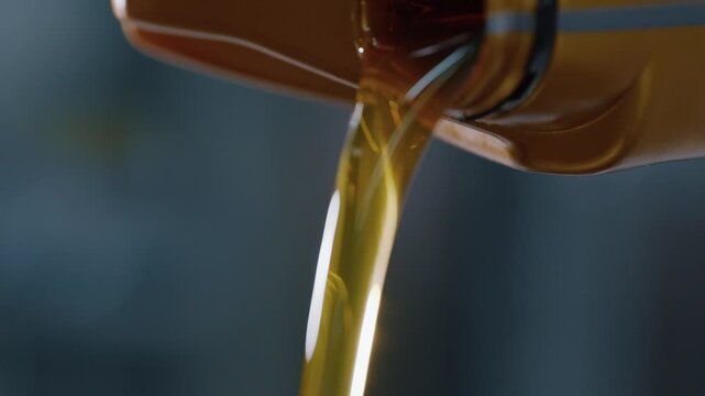 A stream of engine oil pouring from a canister during car maintenance. Close-up 