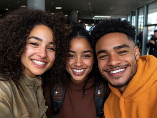 Fototapeta premium Three smiling young adults taking close-up selfie indoors