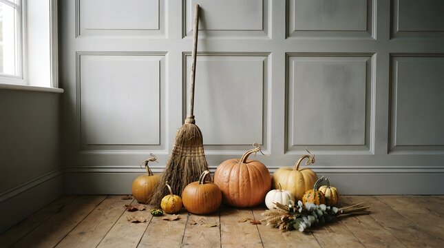 A festive rustic autumn display with assorted pumpkins and a vintage broom against a grey paneled wall to celebrate a warm and happy thanksgiving holiday