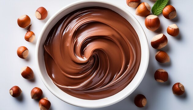 top view of creamy swirled chocolate hazelnut spread in a white bowl
