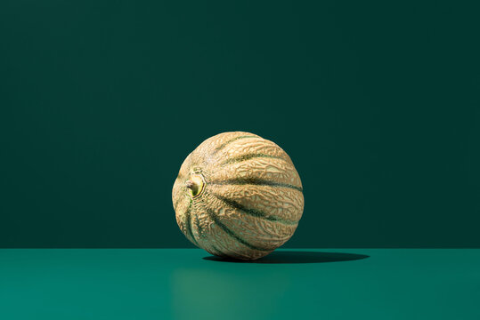 Whole cantaloupe melon on green background