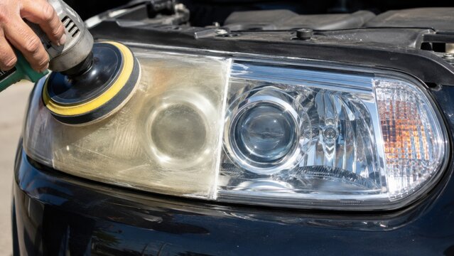 Car headlight restoration before and after polishing