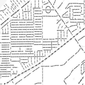 Typographic Map of the City Euclid (Ohio, USA) showing the city center only with street names