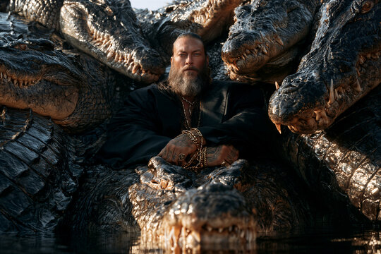Bearded Man in Black Suit and Jewelry Surrounded by Alligators in Dark Water