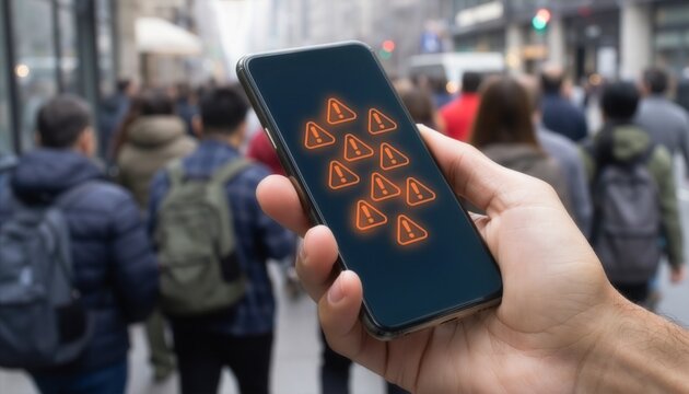 Hand holds smartphone displaying multiple orange warning triangles while a crowd walks along a busy urban street.