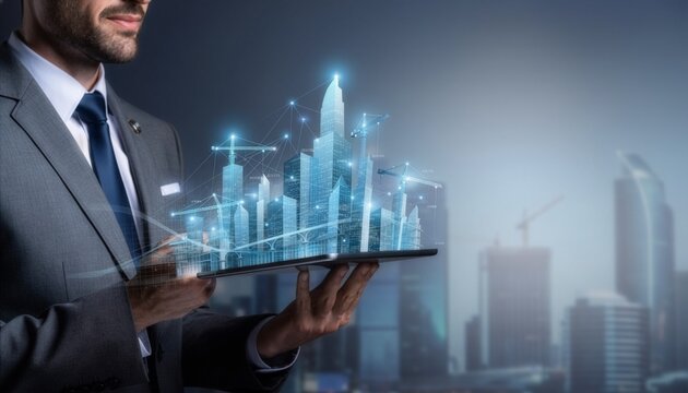 A businessman holds a tablet displaying a glowing 3D digital model of a smart city development project.