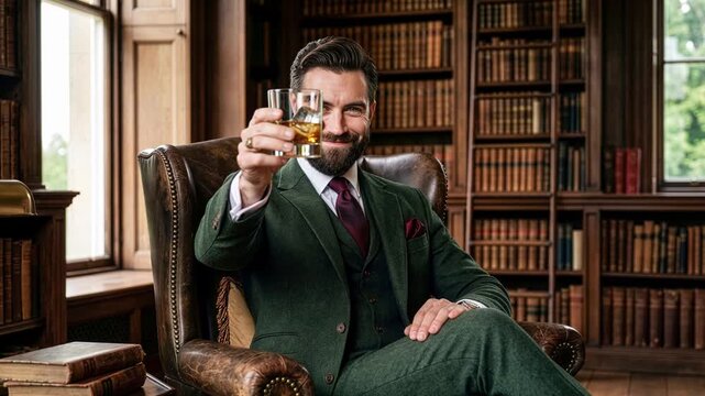 refined man in leather armchair, whiskey in hand