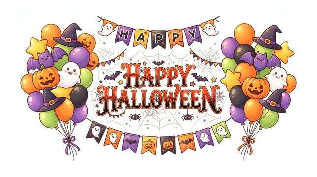 Festive watercolor happy halloween greeting card design with pumpkins balloons and bunting flags perfect for seasonal celebrations and also wishing everyone a happy thanksgiving holiday