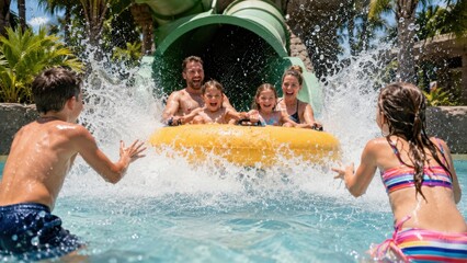 Fototapeta premium Family on raft splashing into pool at a water park