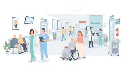 Fototapeta premium Busy Medical Hospital Hallway with Doctors and Patients