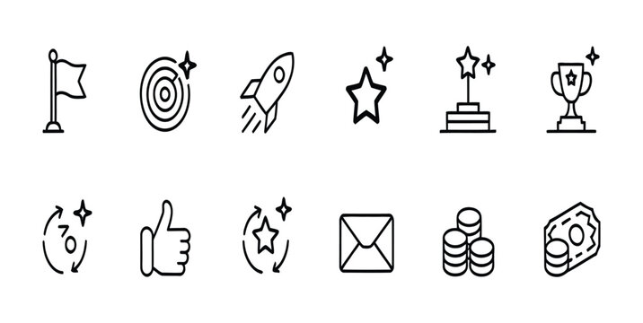 Simple line icons featuring flag target rocket star award trophy medal reload arrow thumb up star cycle mail coin pile and banknote stack for modern digital user interfaces.