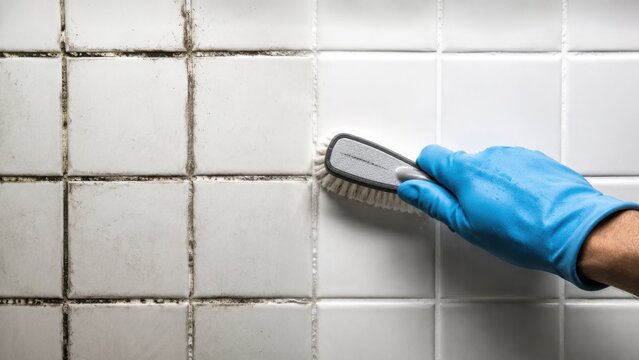 Cleaning dirty tile grout with brush and gloved hand