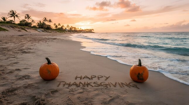 A scenic tropical beach at sunset featuring two orange pumpkins and the handwritten text happy thanksgiving in the sand for a warm festive holiday greeting