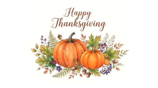 A beautiful watercolor illustration featuring orange pumpkins and autumn foliage with the festive text happy thanksgiving perfect for seasonal holiday greeting cards and fall decor