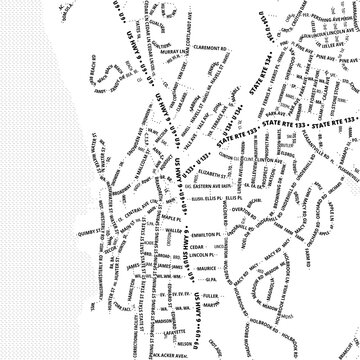 Typographic Map of the City Ossining (New York, USA) showing the city center only with street names