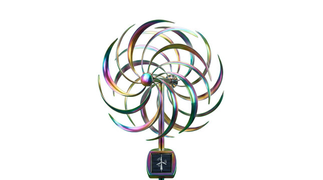 Multicolor kinetic wind spinner with glowing metallic blades. Renewable energy motion asset isolated