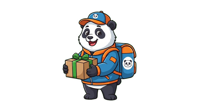 Cute panda delivery mascot in uniform holding parcel package. E-commerce shipping character isolated