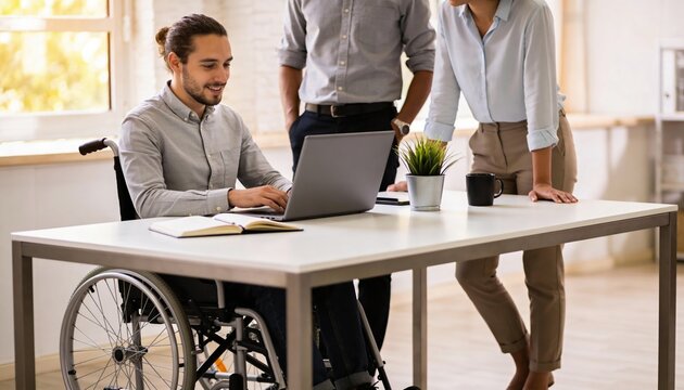 Wheelchair professional working at a desk with a laptop and notebook while two colleagues stand nearby chatting, inclusive workplace collaboration concept photography