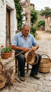 Older man weaving a handmade basket outside his home in a quiet rural stone village street, traditional craftsmanship concept photography concept concept