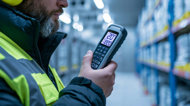 Faceless male logistics worker in high visibility vest checks temperature with handheld digital thermometer inside industrial cold storage freezer in crisp cool lighting