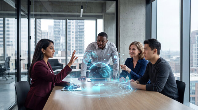 Colleagues gathered around a glowing network hologram in a city office