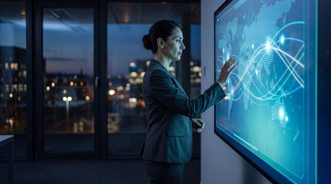 Businesswoman touching a glowing world map data wall at night