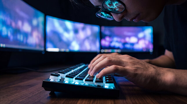 Close-up of hands typing on an illuminated keyboard beside glowing data monitors
