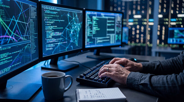 Close-up of hands typing on a keyboard beside monitors showing code and network data