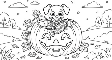 Fototapeta premium Cute cartoon skeleton puppy carved inside a smiling orange pumpkin, halloween-themed cartoon puppy skeleton dog