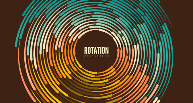 Vibrant curves swirl in concentric motion. Warm and colorful gradients. Dots smoothly transition through color tones. Movement conveys energy. Big data. Particle flow. Vector for cover, presentation.